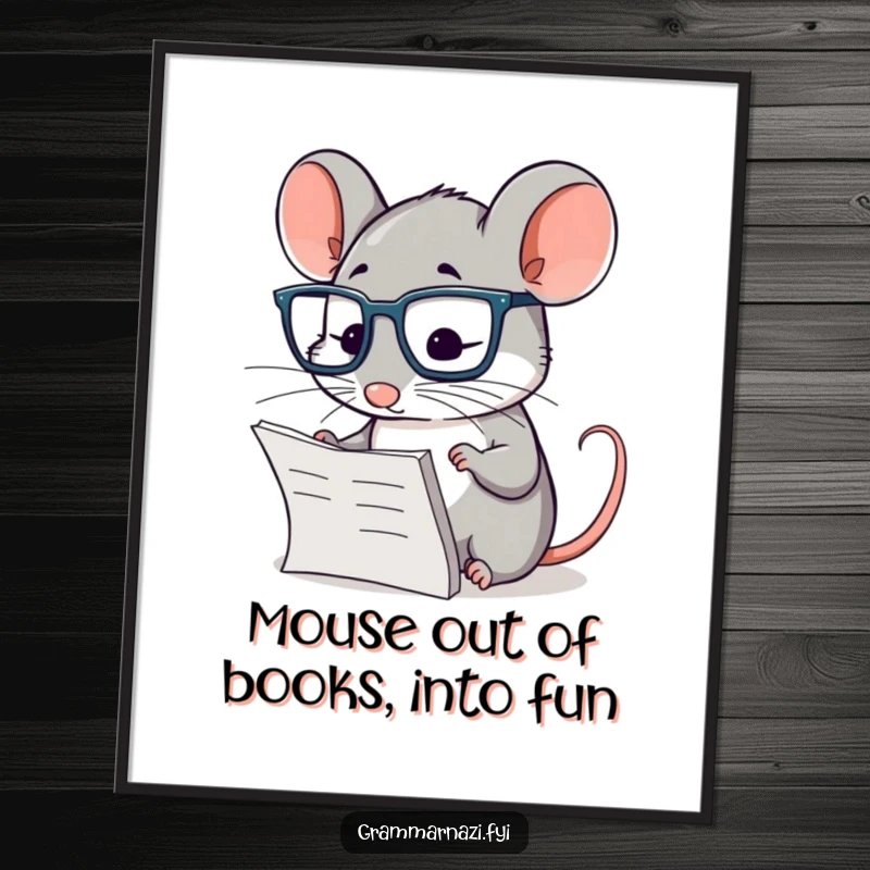 Funny Free Printable Wall Art of a diligent mouse wearing glasses, meticulously checking a paragraph with a magnifying glass, looking smart.