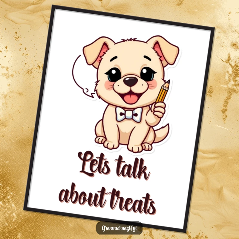 Funny Free Printable Wall Art: Happy dog in a tiny bow tie taps a pencil against a dialogue bubble, adding wit.