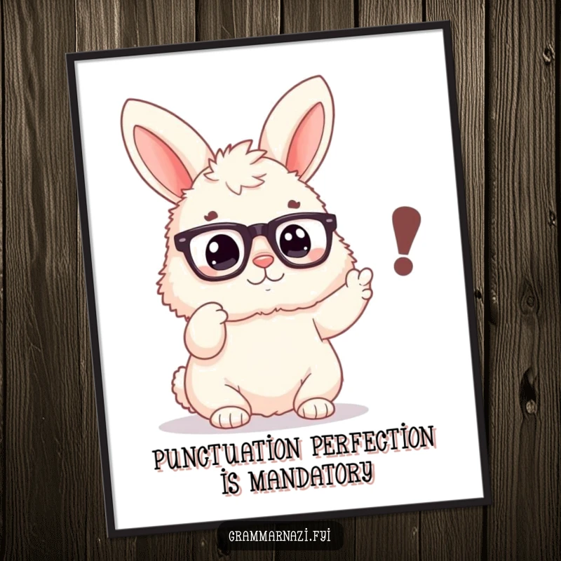 Funny Free Printable Wall Art: Fluffy bunny with glasses intensely pointing at a misplaced comma, a humorous decor piece.
