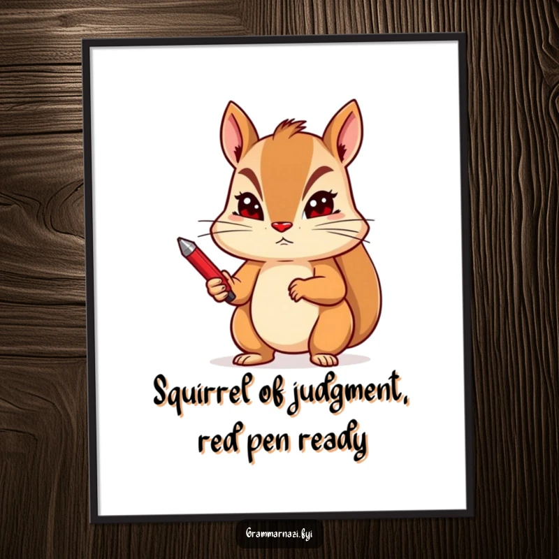 Funny Free Printable Wall Art: Determined squirrel with a red pen, stern expression, critiquing the room with humor.