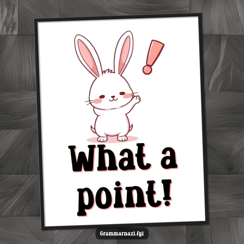 Funny Free Printable Wall Art: Small determined rabbit pointing a paw at a crooked, floating exclamation point, creating a humorous scene.