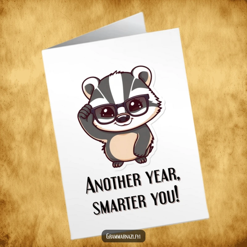 Funny Free Printable Birthday Card: A confident badger adjusts its glasses with a knowing smile, ready for birthday fun.