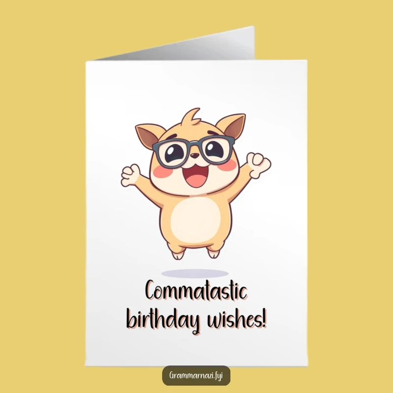 Free Printable Birthday Card: Comma-Loving Creature Jumps for Joy
