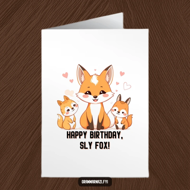 Funny Free Printable Birthday Card: A smiling fox whispers secrets to delighted woodland creatures, sharing party news.