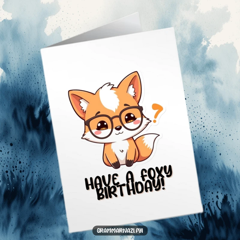 Funny Free Printable Birthday Card: A curious fox in spectacles intently examining a quotation mark.