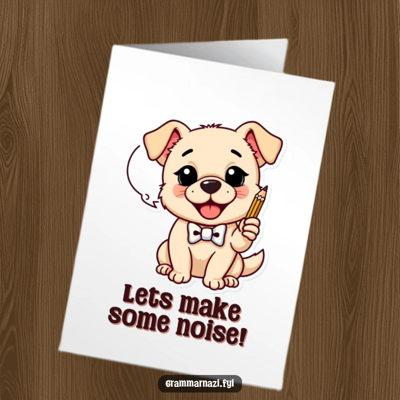 Funny Free Printable Birthday Card: Happy dog in a bow tie taps a pencil on a dialogue bubble, planning birthday wishes.