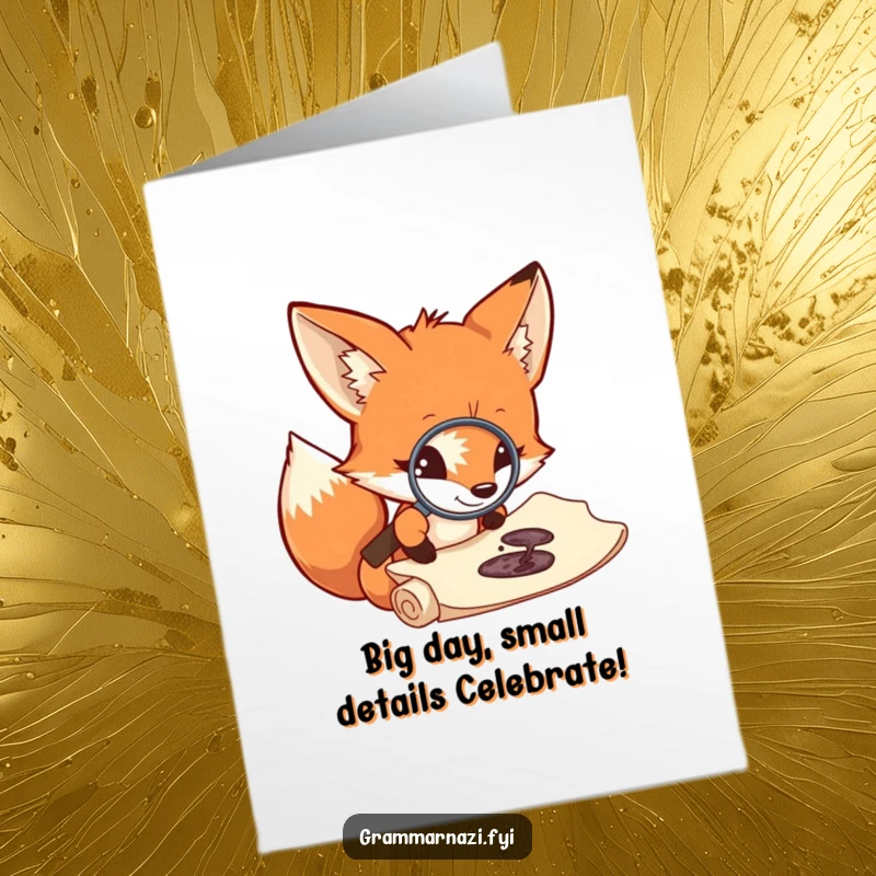 Funny Free Printable Birthday Card: Curious fox with magnifying glass examining a tiny ink spot on a scroll, with birthday text.
