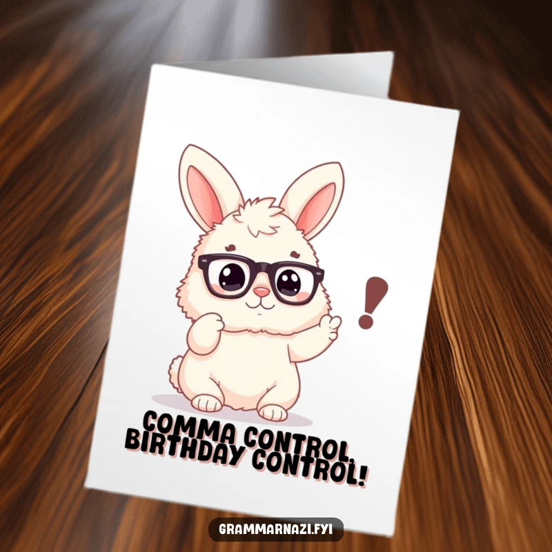 Funny Free Printable Birthday Card: Fluffy bunny with spectacles pointing at a misplaced comma, perfect for grammar enthusiasts.