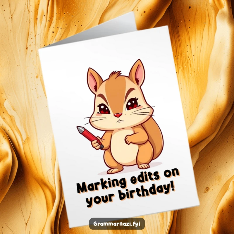 Funny Free Printable Birthday Card: Determined squirrel with red pen, sternly reviewing birthday wishes, a unique DIY gift.