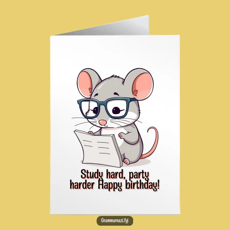 Funny Free Printable Birthday Card: Diligent Mouse with Glasses Checking Text, Downloadable Gift