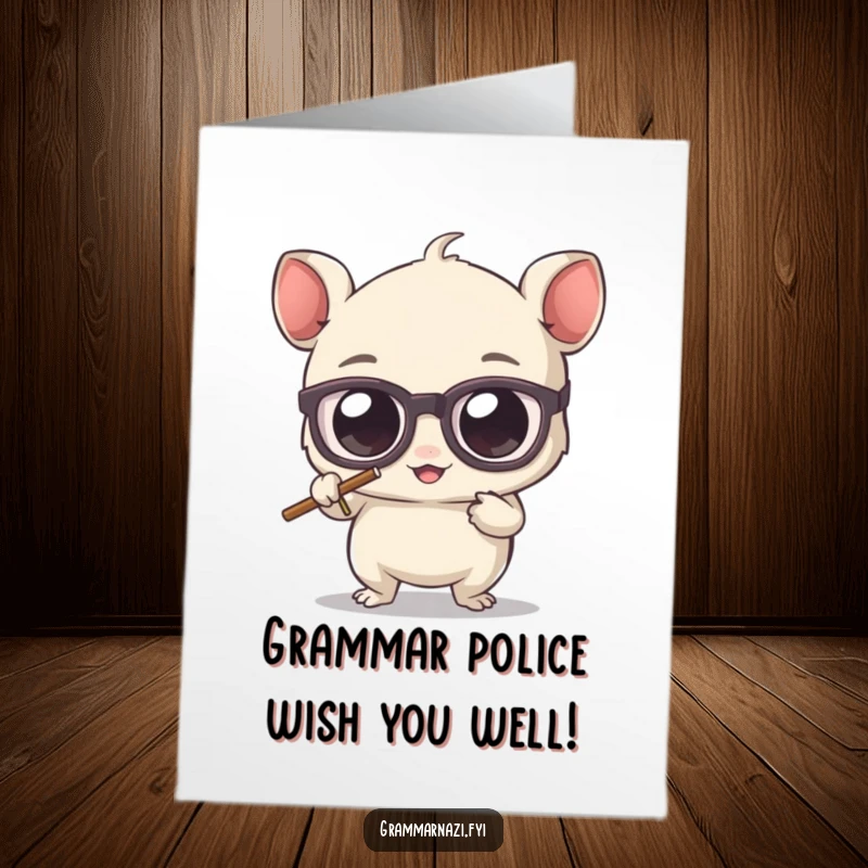 Funny Free Printable Birthday Card: Bespectacled creature with big eyes erasing a stray apostrophe with enthusiasm.