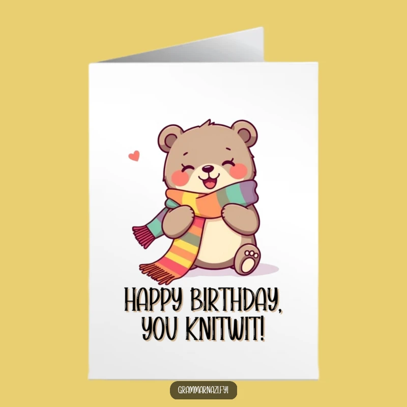 Free Printable Birthday Card: Joyous Bear Knitting Scarf, Downloadable Gift