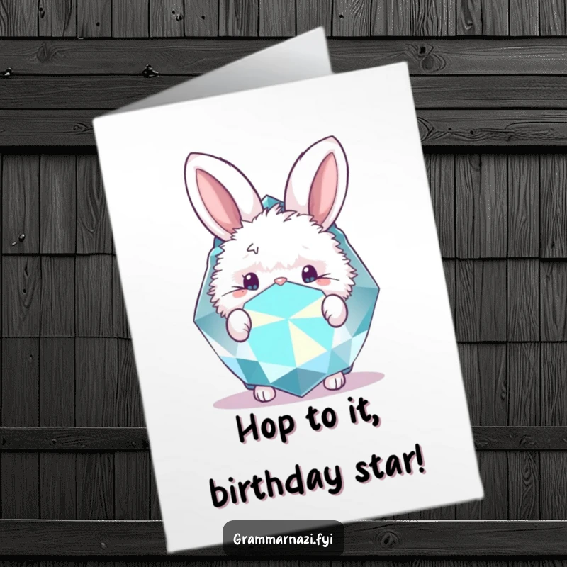 Funny Free Printable Birthday Card: A fluffy bunny peeks curiously from behind a large, sparkling gemstone, radiating joy.