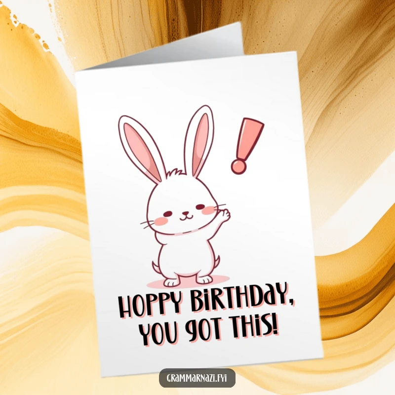 Funny Free Printable Birthday Card: Small determined rabbit pointing a paw at a crooked, floating exclamation point, celebrating with emphasis.