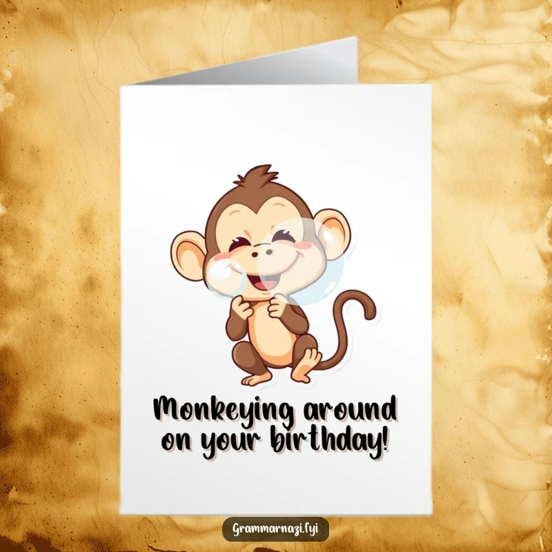 Funny Free Printable Birthday Card featuring a mischievous monkey blowing a large bubble with a playful grin, a downloadable treat.