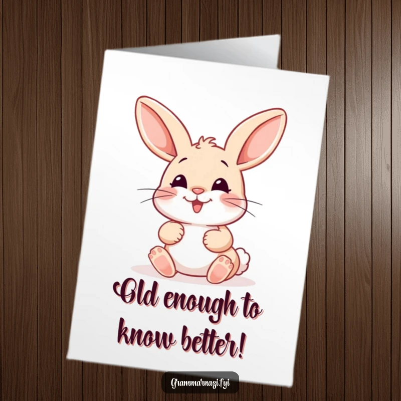 Funny Free Printable Birthday Card: A bunny carefully corrects punctuation with intense focus, making for a witty greeting.