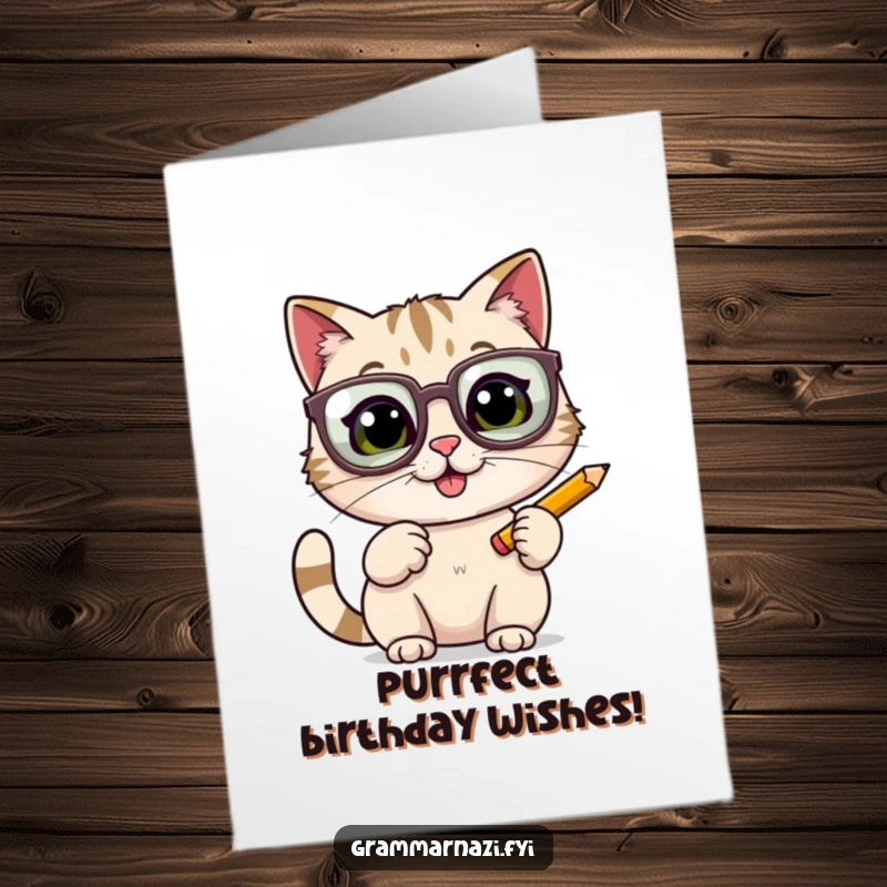 Funny Free Printable Birthday Card: Energetic cat with huge glasses taps pencil, ready to write happy birthday wishes.