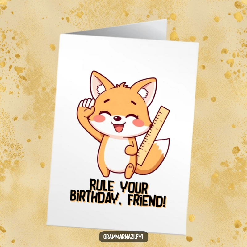 Funny Free Printable Birthday Card showing a smiling kawaii fox saluting enthusiastically with a ruler, ready for fun.