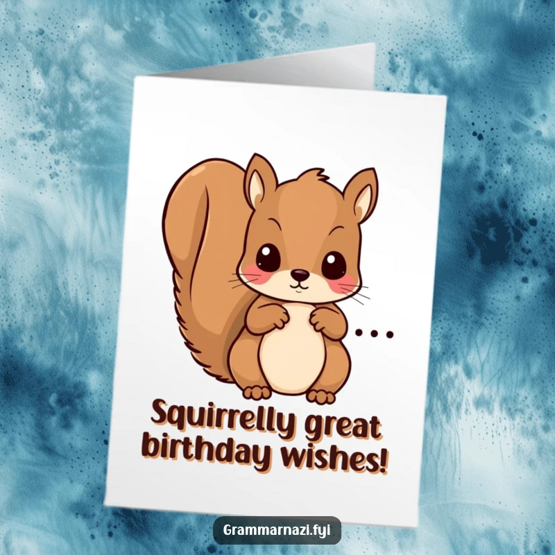 Funny Free Printable Birthday Card: Kawaii squirrel carefully circling a comma mistake with a pencil, looking serious.