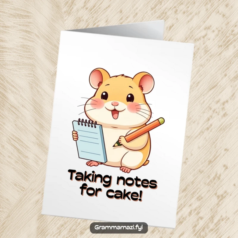 Funny Free Printable Birthday Card: Smiling hamster with notepad and pencil, ready to write a cheerful birthday message.