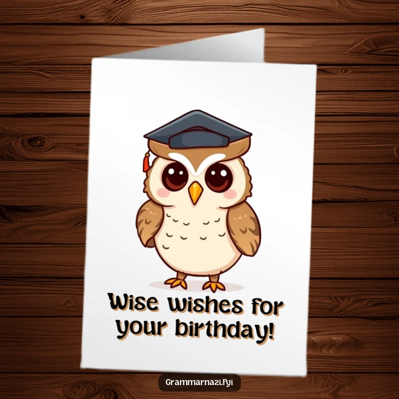 Funny Free Printable Birthday Card: Curious owl in a grad cap correcting punctuation, a humorous wish for the birthday person.