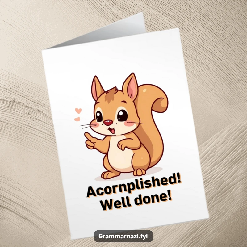 Funny Free Printable Congrats Card: Steadfast squirrel points its paw at a correct apostrophe, celebrating precision.