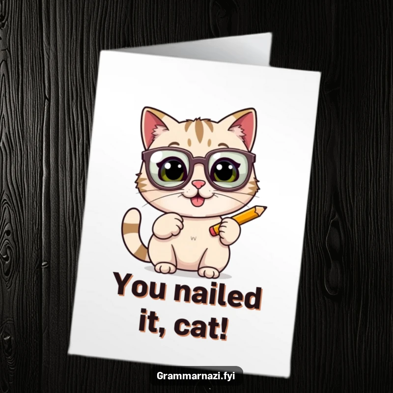 Funny Free Printable Congrats Card: Wide-eyed cat in oversized glasses enthusiastically taps pencil, celebrating success.