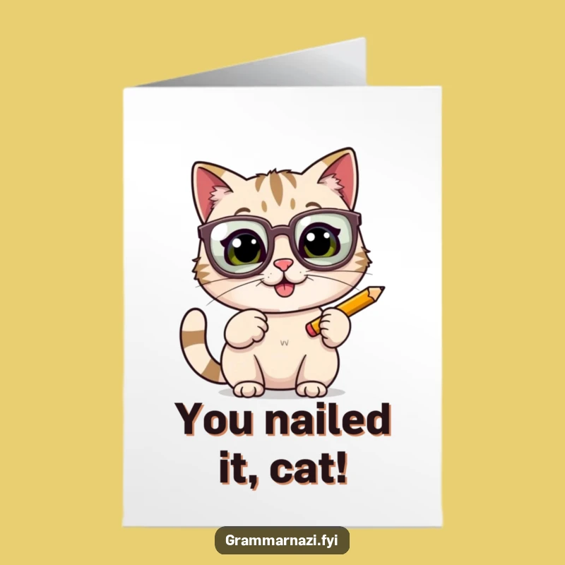 Free Printable Cat Congrats Card: Funny Glasses Cat Pencil Gift Success