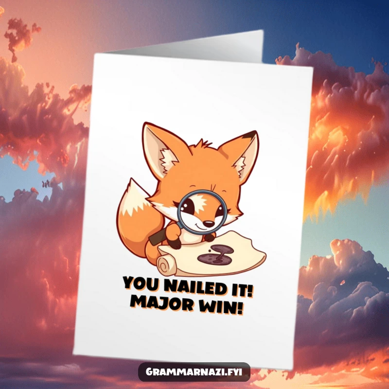 Free Printable Congrats Card: A curious fox with a magnifying glass inspects a small ink stain on a scroll, celebrating success.