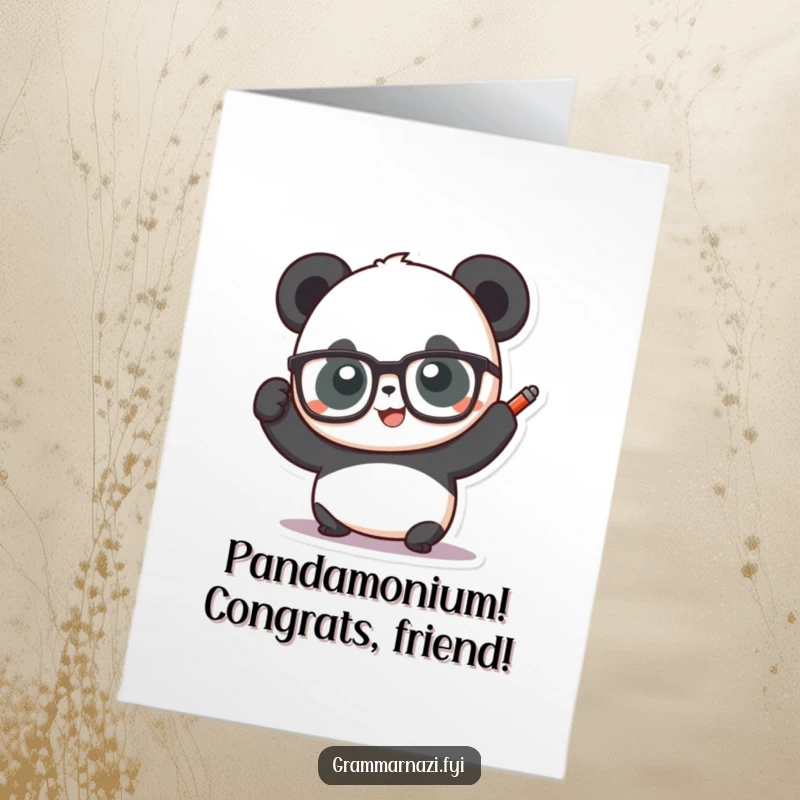 Funny Free Printable Congrats Card: Glasses-wearing panda with red pen raised signifies a perfectly marked achievement.
