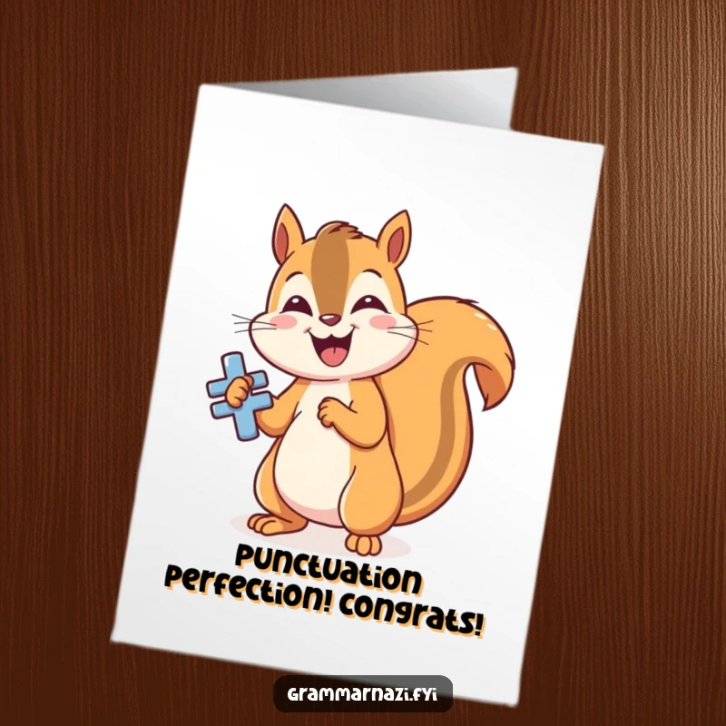 Free Printable Congrats Card: A cheerful squirrel enthusiastically polishes a shiny, perfectly formed grammatical symbol with pride.