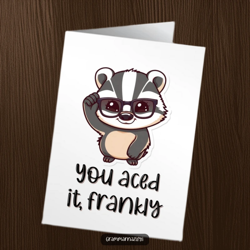 Funny Free Printable Congratulations Card: A confident badger adjusts its glasses, smiling knowingly at a great success.