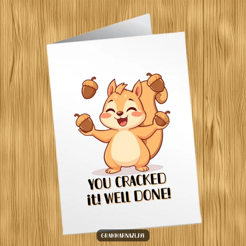 Funny Free Printable Congratulations Card showing a gleeful squirrel triumphantly juggling acorns, celebrating an accomplishment.