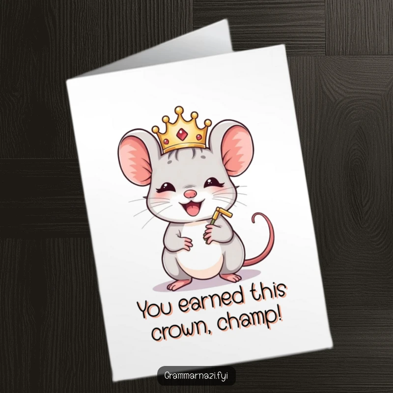 Funny Free Printable Congratulations Card: A tiny crowned mouse meticulously polishes a comma, celebrating your perfectly executed success.