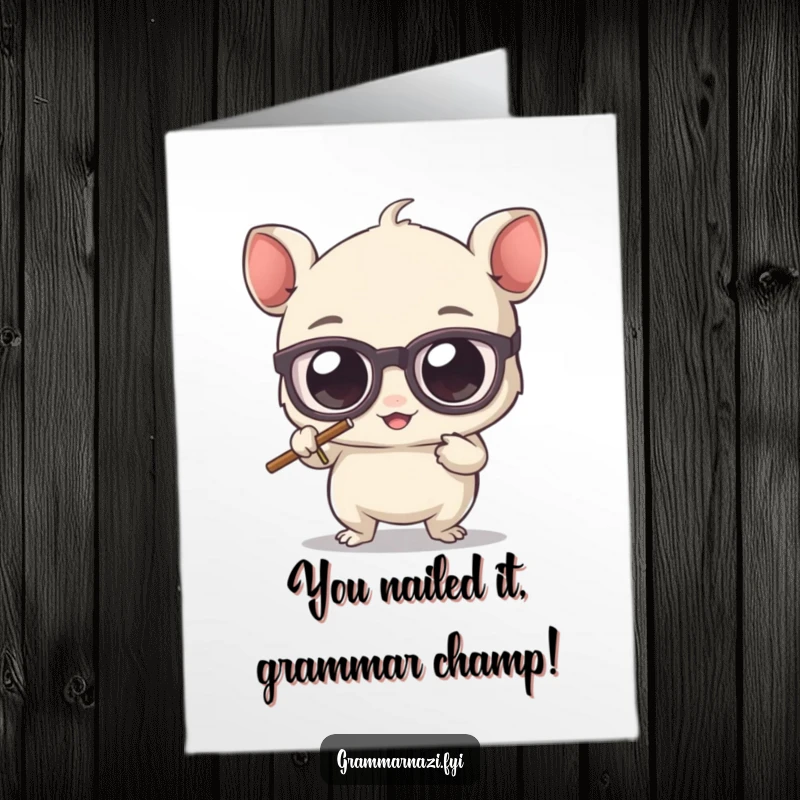 Funny Free Printable Congratulations Card: Creature with glasses enthusiastically erasing a misplaced apostrophe.