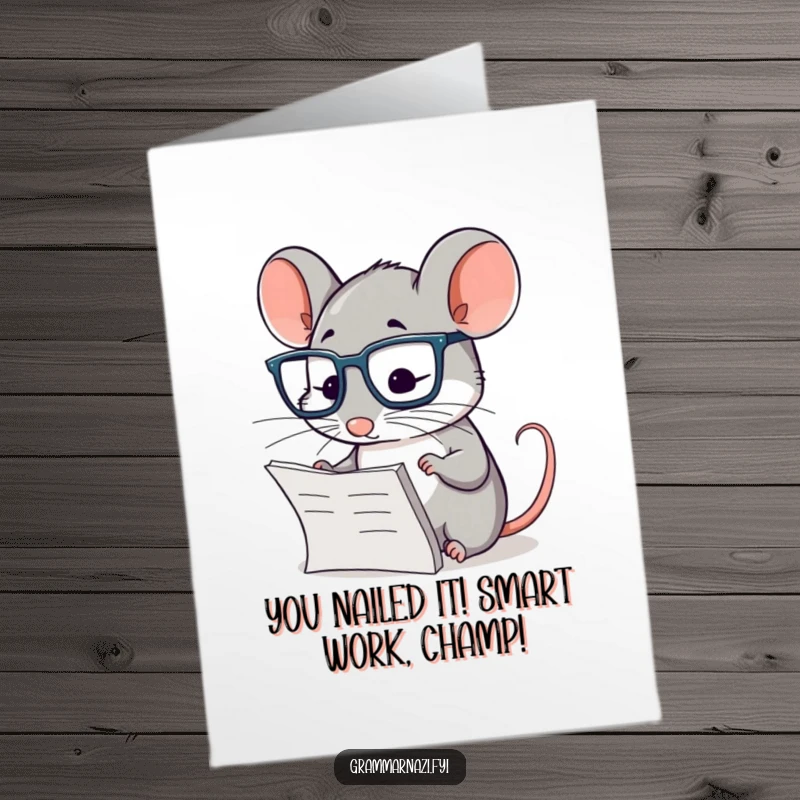 Funny Free Printable Congratulations card showing a studious mouse in glasses, examining text with a serious, humorous expression.