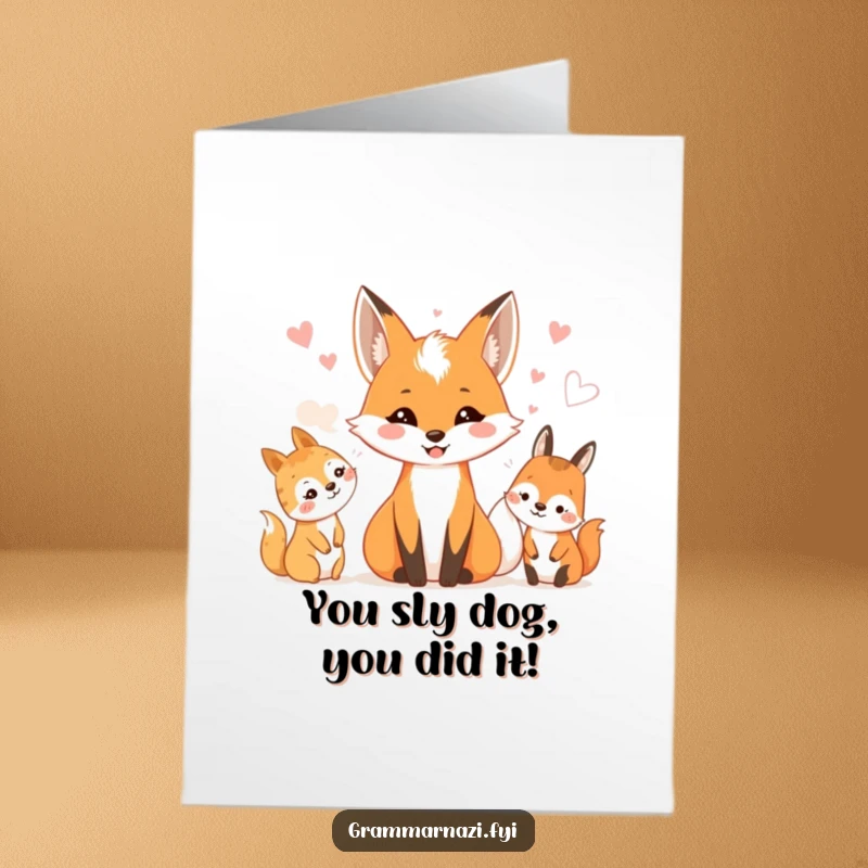 Funny Free Printable Congratulations Card: A smiling fox whispers covertly to delighted woodland creatures, sharing exciting updates.