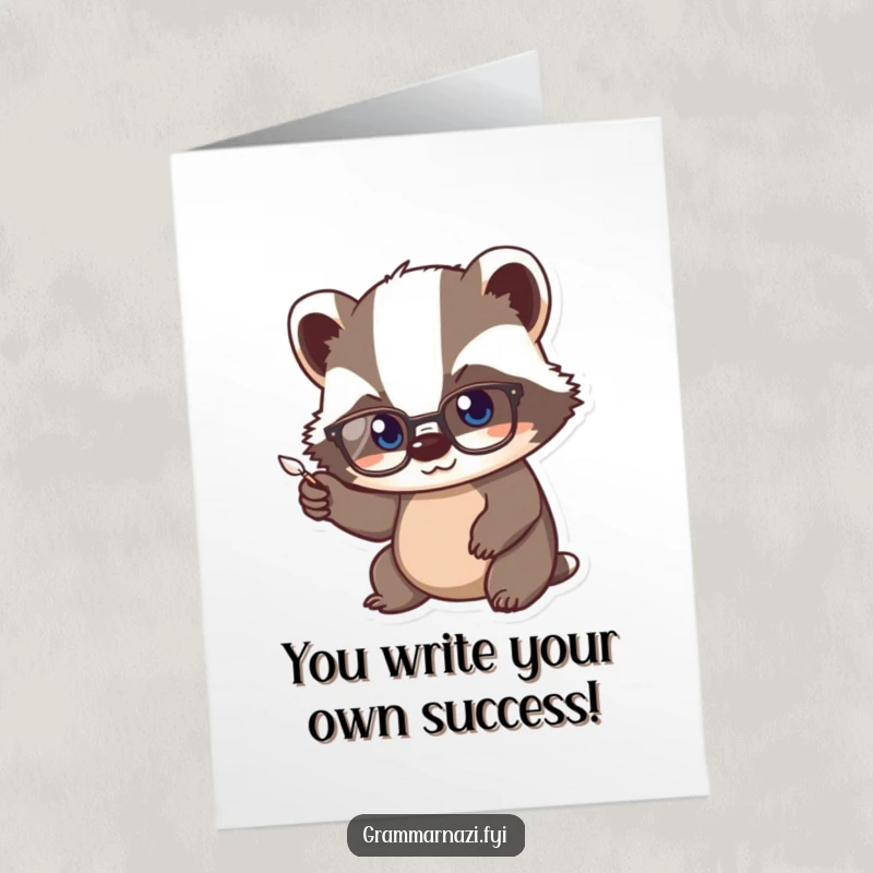 Funny Free Printable Congrats Card with a scholarly kawaii badger in glasses, vigorously pointing a small quill, signifying success.