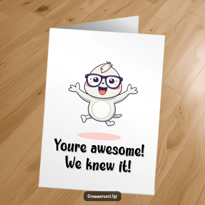 Free Printable Congratulations Card: A cheerful creature dances around a decorative apostrophe, symbolizing celebration.