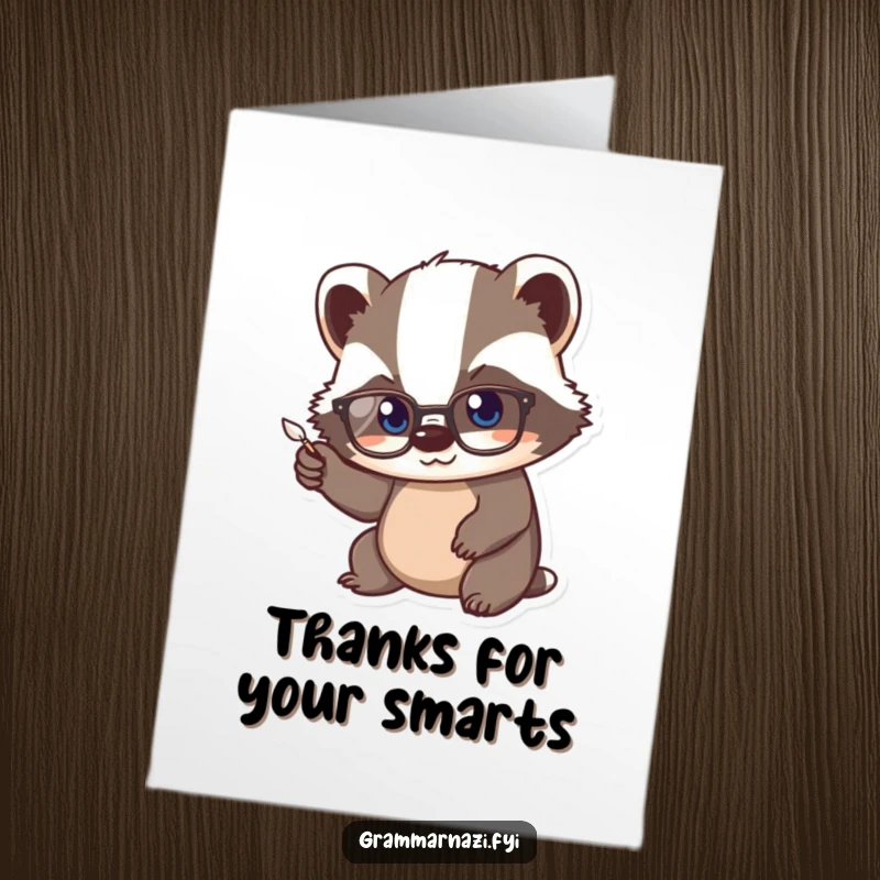 Funny Free Printable Thank You Card featuring a kawaii badger with spectacles, pointing a quill with great emphasis, a smart gesture.