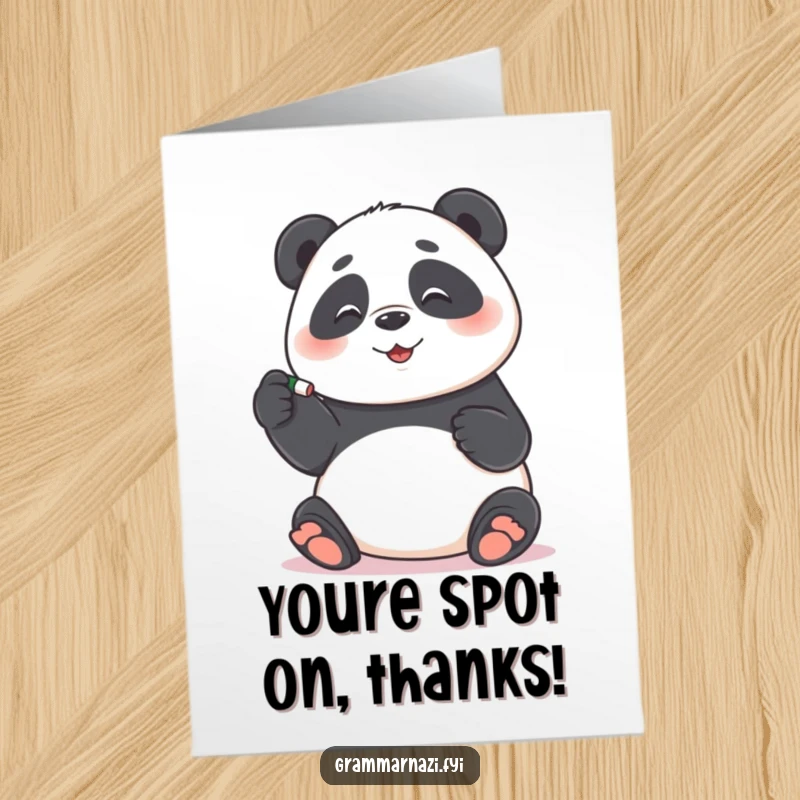 Funny Free Printable Thank You Card: Playful panda meticulously corrects a misplaced hyphen with a tiny eraser, saying thanks perfectly.