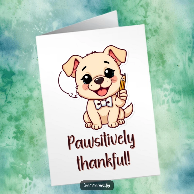 Funny Free Printable Thank You Card: Happy dog in a bow tie taps a pencil on a dialogue bubble, expressing thanks.