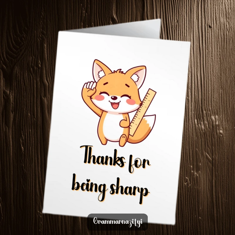Funny Free Printable Thank You Card with a smiling kawaii fox saluting enthusiastically with a ruler, a precise expression of thanks.