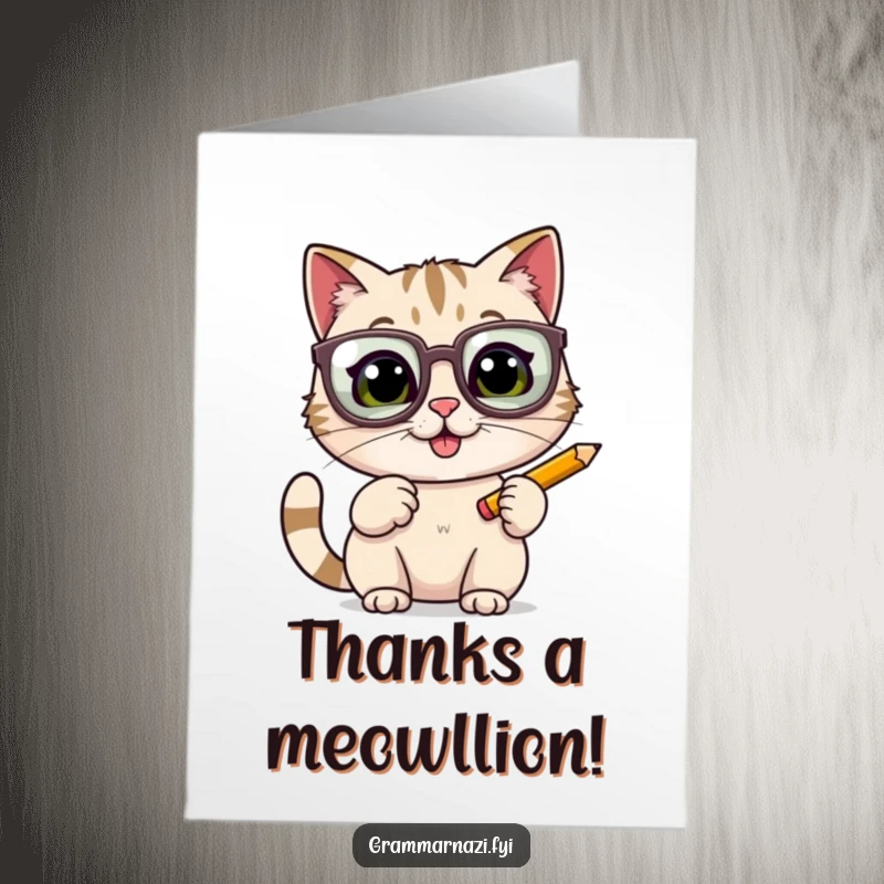 Funny Free Printable Thank You Card: Excited cat with large glasses vigorously taps a pencil, signifying heartfelt thanks.