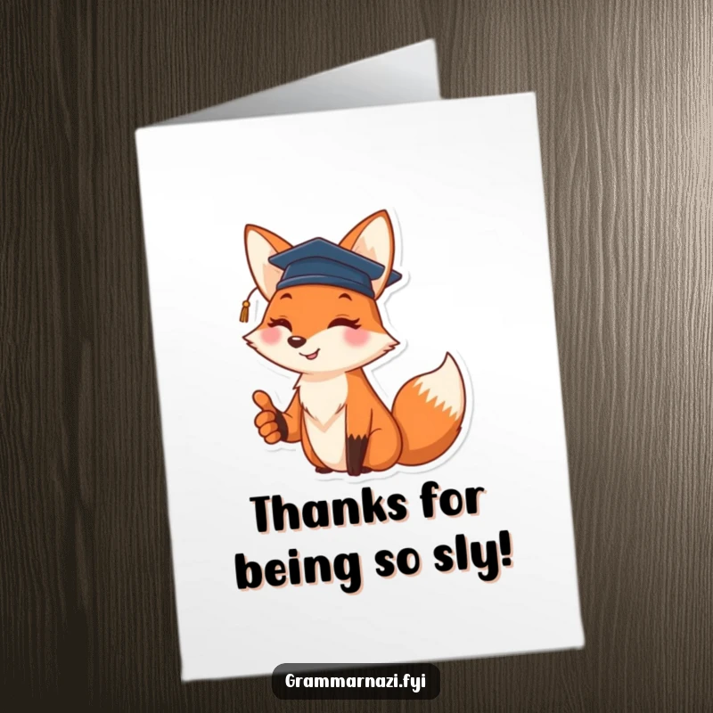 Funny Free Printable Thank You Card: Cheerful fox in grad cap giving a thumbs up, a sly way to say thanks.