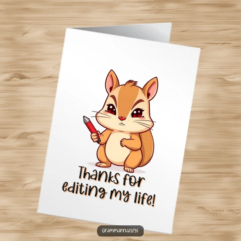 Funny Free Printable Thank You Card: Determined squirrel holds a red pen with a stern look, reviewing your kindness.