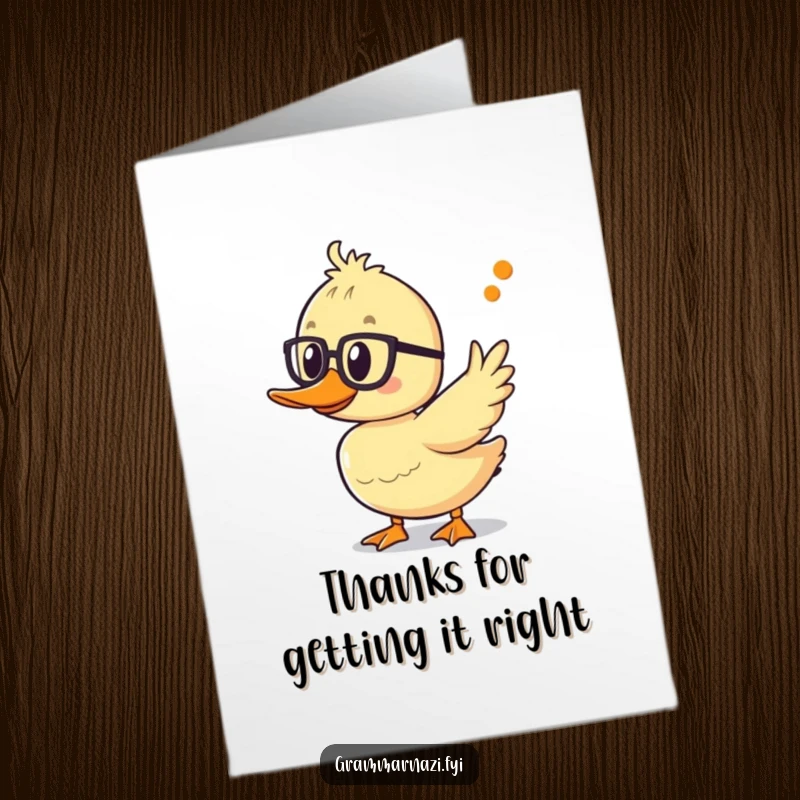 Funny Free Printable Thank You Card: A smart duckling with spectacles points at a correctly used apostrophe to say thank you.