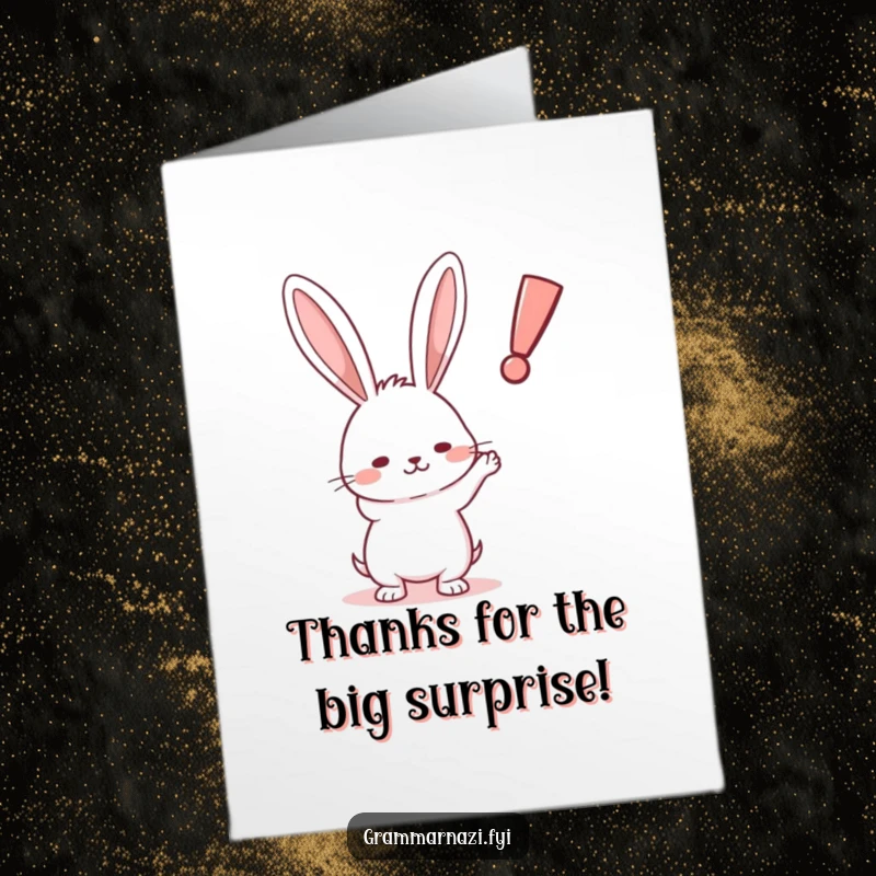 Funny Free Printable Thank You Card: Small rabbit determinedly pointing at a crooked, airborne exclamation point, making thanks stand out.