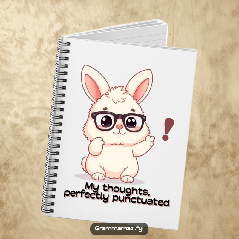 Funny notebook with a fluffy bunny wearing spectacles, pointing emphatically at a misplaced comma, ideal for note-taking.