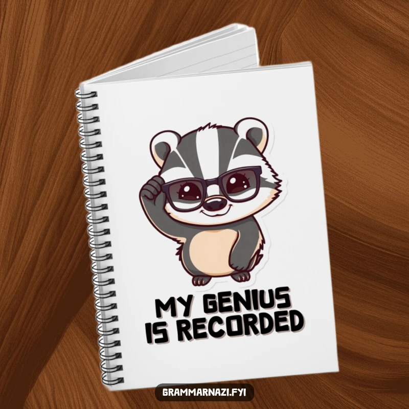 Funny Confident Badger Notebook: A badger adjusts its glasses with a knowing smile, ideal for jotting down intelligent notes.